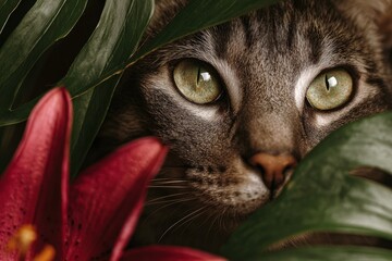 Close-up of a gray tabby cat peeking through lush green foliage and vibrant red lilies.