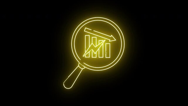 A yellow neon magnifying glass highlights a graph with a downward arrow and jagged line set against a black background