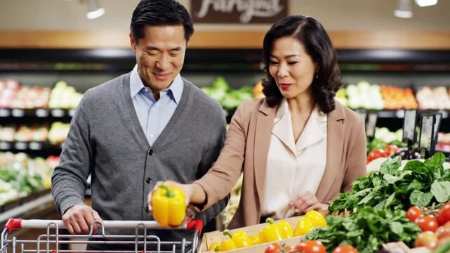 Smiling middle-aged couple choosing yellow bell peppers together in supermarket - Powered by Adobe