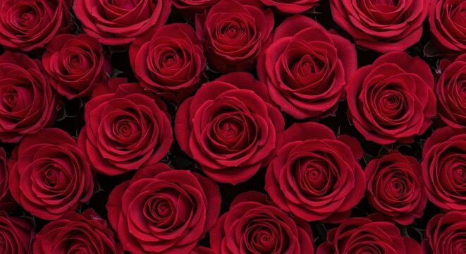 Fototapeta Beautiful natural background texture formed by many lush, deep red garden roses, perfect for themes of romance, passion, and vitality ,lush ,closeup ,heads