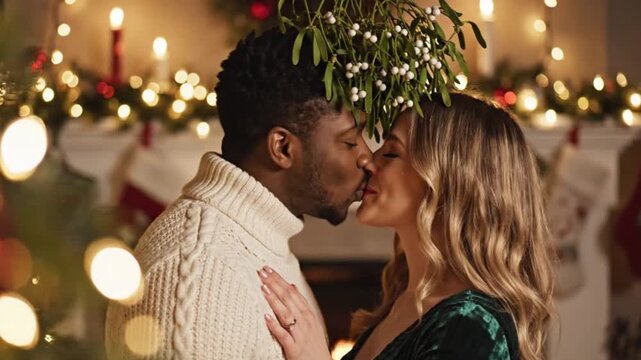 Romantic couple kissing under mistletoe at Christmas on cozy holiday evening near fireplace with lights