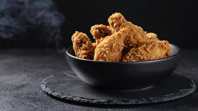 Crispy breaded chicken wings served with celery sticks in black dish on countertop