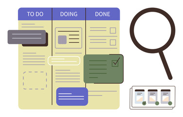 Task board with To Do, Doing, Done columns, task cards, magnifier, and mobile preview. Ideal for project management, workflow, prioritization organization tracking progress productivity teamwork © robu_s