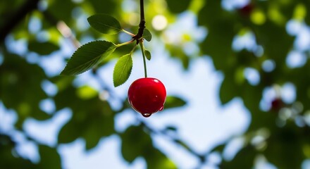 Vibrant cherry on the branch against blurry leaves, ideal for summer, health or organic food promotions. Perfect for recipe book, fresh fruit market, or natural products.