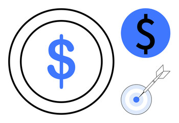 Large dollar sign inside circular frame, blue dollar sign circle, arrow hitting bullseye. Ideal for finance, investment, business growth, marketing strategy, goal setting, success revenue planning