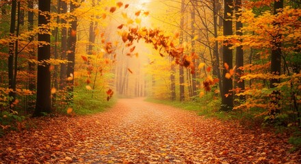 Autumn Pathway: A scenic pathway winding through a vibrant autumn forest, golden leaves gently fall from the trees, creating a picturesque and tranquil scene.