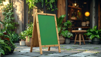 Blank Green Chalkboard Sign Outside Cafe, Plants, and Setting.