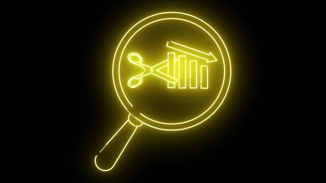 A yellow neonstyle icon of a magnifying glass scissors and decreasing bar graph on a black background