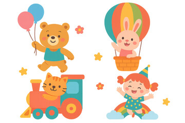Fototapeta premium Happy cartoon characters celebrating birthday with bear holding balloons, rabbit in hot air balloon, cat on train, and girl on rainbow, transparent background