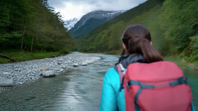 Woman with backpack hiking in mountainous terrain, poses for camera by river during hike.