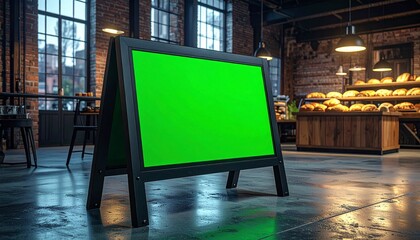 A-frame chalkboard with vibrant green screen in a rustic bakery setting