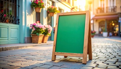 Green Chalkboard Sign on Cobblestone Street with Flowers and Building Facade