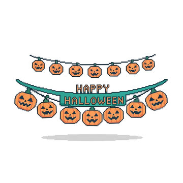 Pixel Art Lanterns & Banner String Minimalist Halloween Party Vector