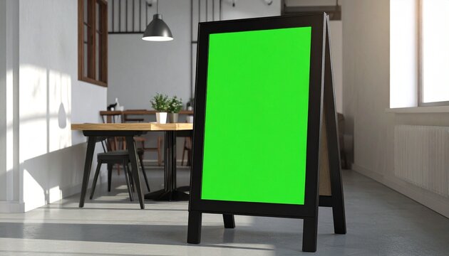 A-Frame Sign with Green Screen in Modern Cafe Interior