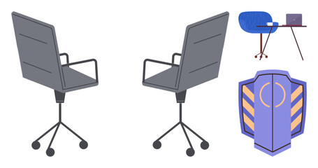 Two office chairs, a workspace table with a laptop and cup, and a shield icon symbolize productivity, workspace organization, security, efficiency, teamwork, focus, and professionalism in a simple