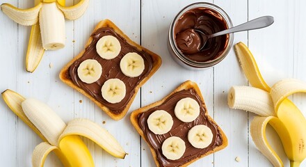 Delicious banana and chocolate spread toast for breakfast