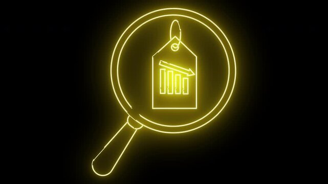 Glowing neon yellow outline of a magnifying glass over a tag with a downward sloping bar graph on a black background