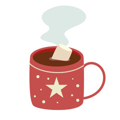 Cozy illustration of a red mug filled with hot chocolate topped with a marshmallow and gentle steam rising above.