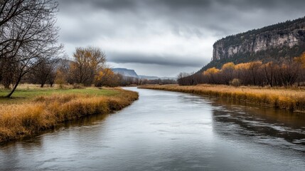 Autumn River with Cloudy Sky