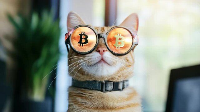 Cute cat wearing futuristic Bitcoin goggles. The glasses feature the iconic digital coin design.