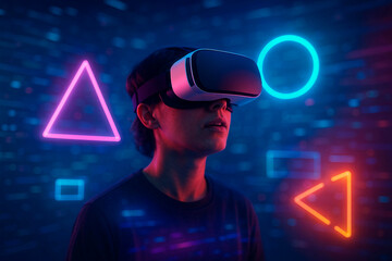 Person wearing a virtual reality headset immersed in a neonlit digital world with glowing geometric shapes and abstract futuristic background, experiencing augmented reality technology