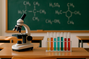 A microscope and a rack of colorful test tubes filled with liquid sit on a wooden desk in front of a chalkboard displaying chemical formulas, representing a science classroom setting