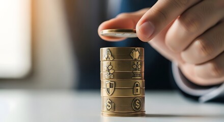 Hand stacking golden coins with security symbols, representing financial growth, digital asset protection, and secure investment strategies for future wealth management
