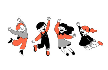 Happy jumping kids illustration, cute children celebrating with joy, minimal hand-drawn style