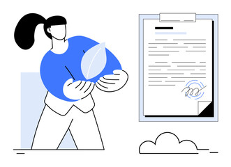 Woman holding leaf beside signed document emphasizes sustainability, environmental commitment, eco-conscious choices. Ideal for sustainability, ecology, corporate responsibility, agreements