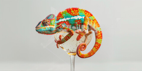 Vivid surreal chameleon curled inside a champagne glass, playful mix of exotic animal and luxury drink, symbol of transformation and fun. Perfect for creative advertising, branding, and modern digital