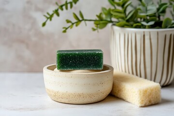 A rectangular bar of speckled green soap sits atop a speckled beige ceramic bowl, nestled beside a natural sponge.