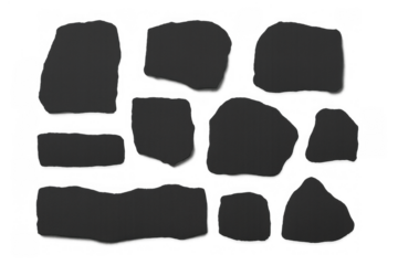 Torn black paper pieces creating abstract shapes and frame elements, isolated on transparent background