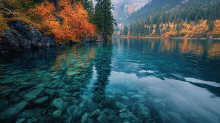 Autumnal lake reflections in a crystal-clear alpine scenery