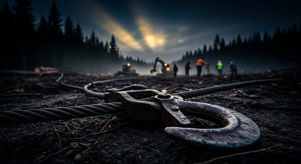 Rusty logging cable and hook on forest floor with heavy machinery and workers in twilight setting