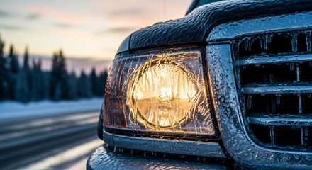 Vehicle struggles on black ice with icy headlight and grille in winter setting at dusk
