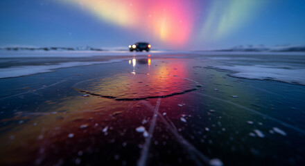 Vibrant sky reflected on black ice as a cautious vehicle drives on a frozen lake during northern lights display
