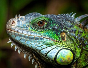 Obraz premium Close-up side profile of a vibrant green lizard with detailed scales