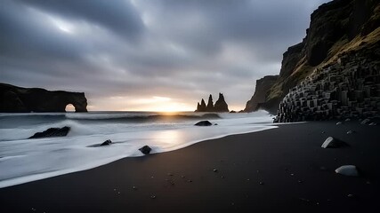 Majestic sunrise casts a golden glow over a rugged black sand beach, where ancient sea stacks pierce through the silky ocean waves under a dramatic, cloud-filled sky - Powered by Adobe