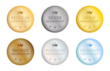 シンプルでフラットな円形デザインの会員ランクバッジ6種セット｜金・銀・銅・プラチナ・ダイヤモンドをモチーフにした上品なメンバーシップアイコン