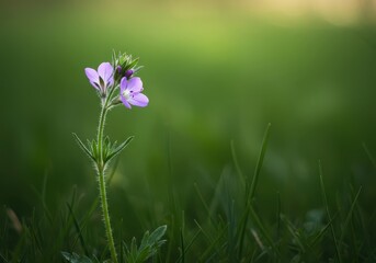 Delicate purple wildflower bloom standing alone in a grassy meadow, captured in a close-up with soft sunlight and natural green bokeh ,solitary ,grassland ,flora