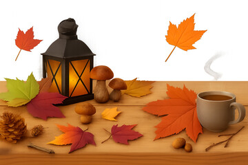 autumn leaves and cup of coffee - Autumn Still Life with Lantern, Hot Drink, Leaves, Mushrooms, and Acorns – Cozy Seasonal Composition on White Background Evoking Fall and Harvest Atmosphere