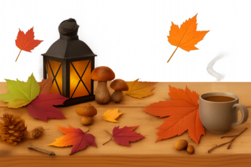 autumn leaves and cup of coffee - Autumn Still Life with Lantern, Hot Drink, Leaves, Mushrooms, and Acorns – Cozy Seasonal Composition on White Background Evoking Fall and Harvest Atmosphere