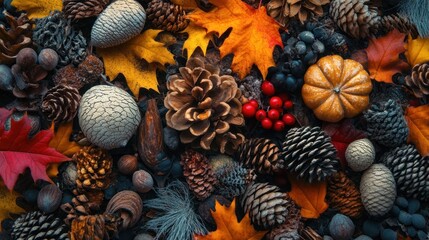 Autumnal nature display with pinecones, leaves, acorns, and mini pumpkins