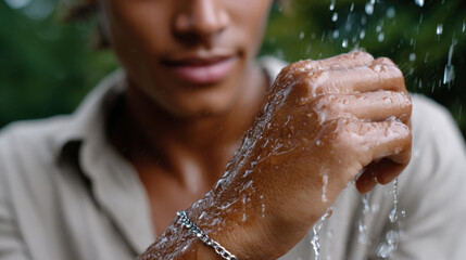 Fototapeta premium A young man cherishes the cool sensation of water flowing over his hands outdoors, encapsulating a sense of refreshment, vitality, and the beauty of interaction with nature.