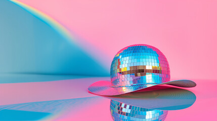 Shiny disco ball cowboy hat on pastel background, playful mix of retro glam and western humor, symbol of party spirit. Perfect for branding, advertising, and social media visuals.