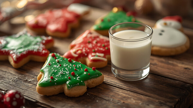 A close-up of beautifully decorated Christmas cookies and a glass of milk on a wooden table.
