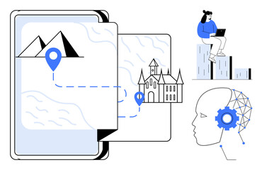 Tablet with map, route, landmarks, human head with AI gears, person on bar chart. Ideal for travel, education, technology AI data analysis navigation innovation themes. Simple flat metaphor