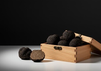 Luxurious black truffles displayed inside a decorative wooden box resting on a clean white surface for culinary use and high-end gifting ,close-up ,rare ,black truffles