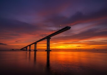 Fototapeta premium Massive structural engineering marvel over a vast coastal waterway, bathed in warm, dramatic orange and purple hues of the tropical evening sky ,evening ,sunset ,cable stayed