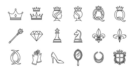 Collection of elegant line art icons representing royalty and luxury, including various crowns, a queen's profile, the letter Q, a scepter, a diamond, chess pieces, fleur-de-lis, gloves, a high heel